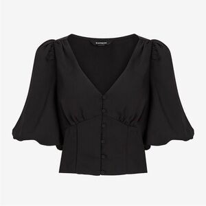 V-Neck Button Front Puff Sleeve Cropped Top